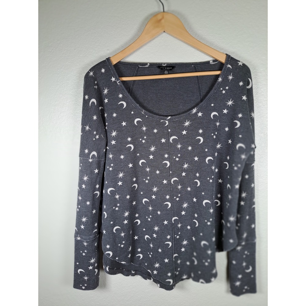 Lucky Brand Womens Celestial Moon Star Thermal Waffle Knit Top Gray Small